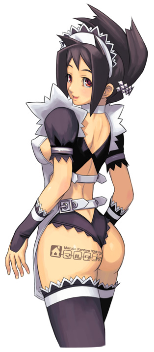 ass back black_hair breasts choker copyright_request covered_nipples elbow_gloves from_behind gloves hair_ornament hair_up hairband hairclip looking_back maid maruta_kentarou panties red_eyes sideboob small_breasts smile solo tattoo thighhighs thong underwear