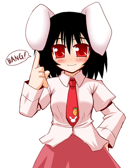 animal_ears arayama_reiichi black_hair bunny_ears inaba_tewi index_finger_raised long_sleeves necktie red_eyes red_neckwear short_hair simple_background solo speech_bubble talking text_focus touhou white_background