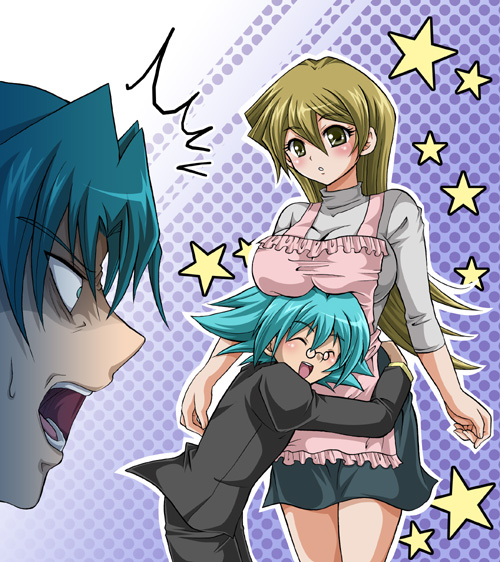 2boys angry apron blue_eyes blue_hair blush breast_press breast_rest breasts brothers brown_eyes brown_hair glasses hug huge_breasts long_hair marufuji_ryou marufuji_shou matsubara_kanabun multiple_boys siblings star surprised tenjouin_asuka yuu-gi-ou yuu-gi-ou_gx