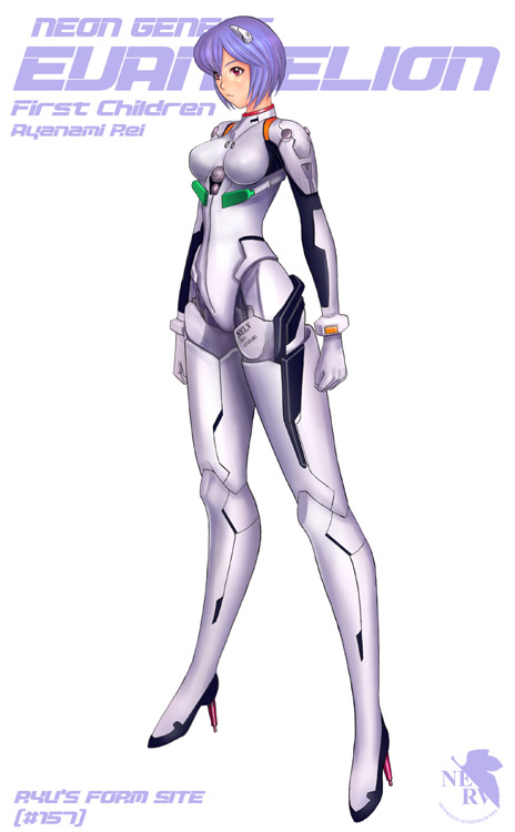 artist_name ayanami_rei bangs blue_hair bodysuit bracer breasts character_name copyright_name expressionless from_side full_body gloves hair_ornament high_heels hips long_legs looking_to_the_side medium_breasts neon_genesis_evangelion nerv older pilot_suit plugsuit red_eyes ryu_(ryu's_former_site) short_hair simple_background solo standing turtleneck white_background white_bodysuit