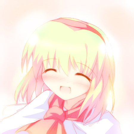 ai_takurou alice_margatroid blush closed_eyes commentary_request face full-face_blush hairband happy laughing lowres no_nose open_mouth red_ribbon ribbon short_hair solo touhou