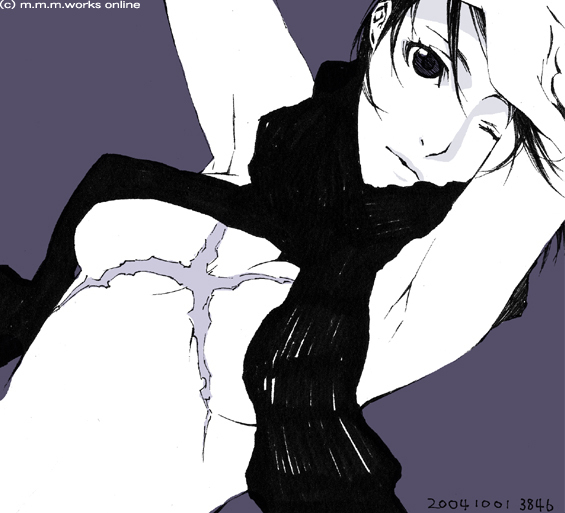 armpits arms_up breasts dogs:_bullets_&amp;_carnage fuyumine_naoto medium_breasts miwa_shirou monochrome no_bra one_eye_closed purple scar scarf solo topless