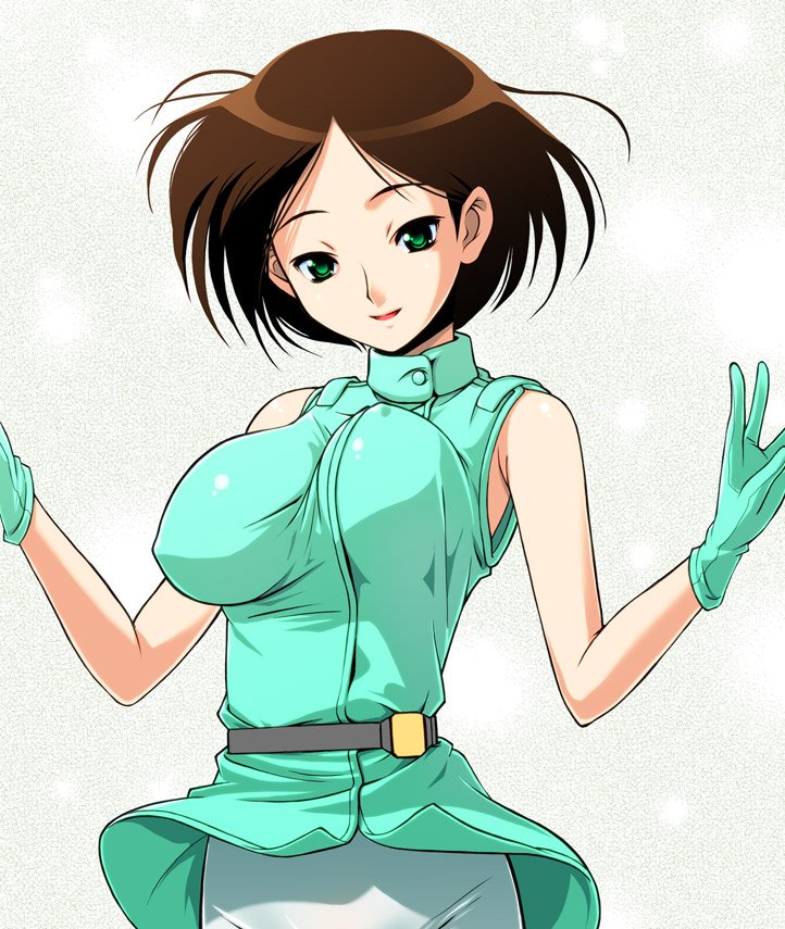 bad_id bad_pixiv_id bouncing_breasts breasts brown_hair emma_sheen fugetsu_taku gloves green_eyes gundam large_breasts military military_uniform pantyhose short_hair solo uniform white_legwear zeta_gundam