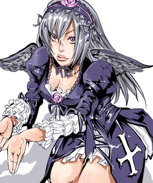 artist_request breasts cleavage dress flower frilled_sleeves frills gothic_lolita hairband lips lolita_fashion long_hair medium_breasts puffy_sleeves purple_eyes rose rozen_maiden silver_hair skirt solo suigintou wings