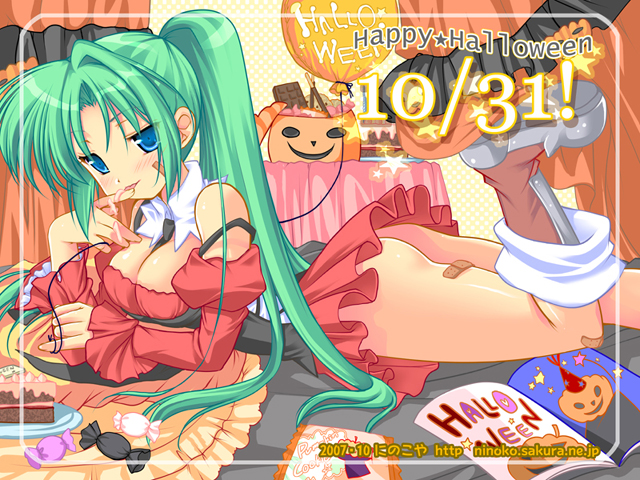 bandages bare_shoulders blue_eyes book boots breasts cake candy chocolate cleavage curtains dated detached_collar food green_hair halloween happy_halloween higurashi_no_naku_koro_ni large_breasts licking long_hair lying ninoko pillow pocky ponytail red_skirt skirt smile solo sonozaki_mion table waitress watermark web_address