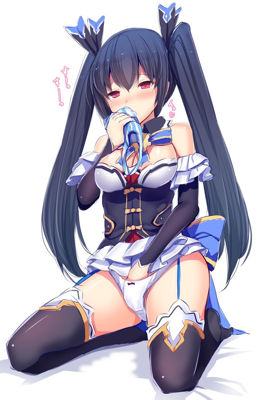 1girl bare_shoulders black_hair blush boots breasts daiaru detached_collar detached_sleeves female_pervert fingering full_body garter_straps hair_ribbon hand_in_panties highres kneeling long_hair masturbation medium_breasts neptune_(series) noire panties pervert red_eyes ribbon simple_background smelling solo striped striped_panties thigh_boots thighhighs twintails underwear upskirt very_long_hair white_background white_panties
