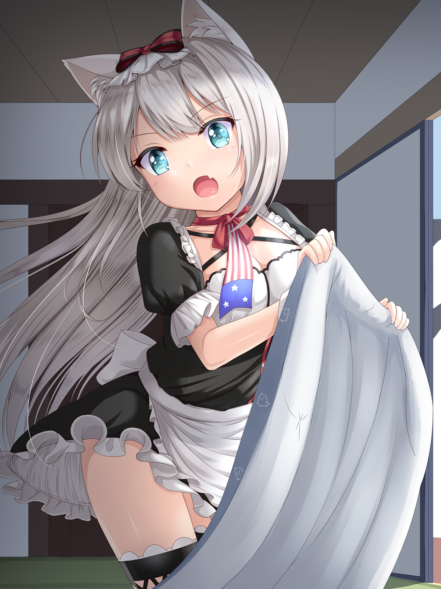 1girl :o american_flag american_flag_print animal_ear_fluff animal_ears apron azur_lane black_dress black_legwear bow breasts cat_ears cleavage commentary_request dress fang flag_print frilled_apron frills hair_bow hammann_(azur_lane) hands_up head_tilt highres holding indoors long_hair open_mouth print_neckwear puffy_short_sleeves puffy_sleeves red_bow short_sleeves silver_hair small_breasts solo standing thighhighs u2_(5798239) very_long_hair waist_apron white_apron