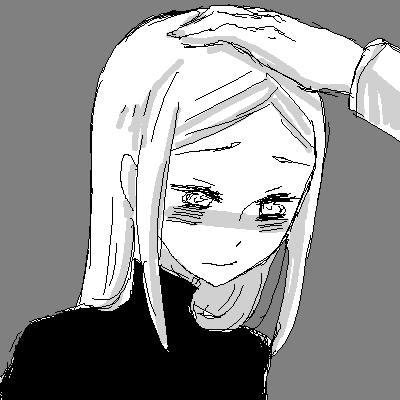 artist_request blush grey_background greyscale gundam gundam_00 hands light_smile long_sleeves lowres monochrome nose_blush out_of_frame petting simple_background solo_focus soma_peries upper_body