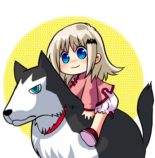 bloomers blue_eyes collar dog little_busters! mgk968 noumi_kudryavka riding smile solo strelka underwear white_hair younger