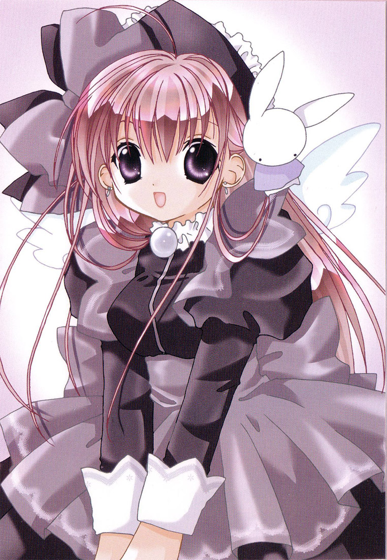 :d ahoge angel bow bunny_hair_ornament dress earrings frills gradient gradient_background grey_bow hair_ornament jewelry juliet_sleeves koge_donbo long_hair long_sleeves looking_at_viewer misha_(pita_ten) official_art open_mouth pink_hair pita_ten puffy_sleeves purple_eyes scan simple_background smile solo v_arms wings