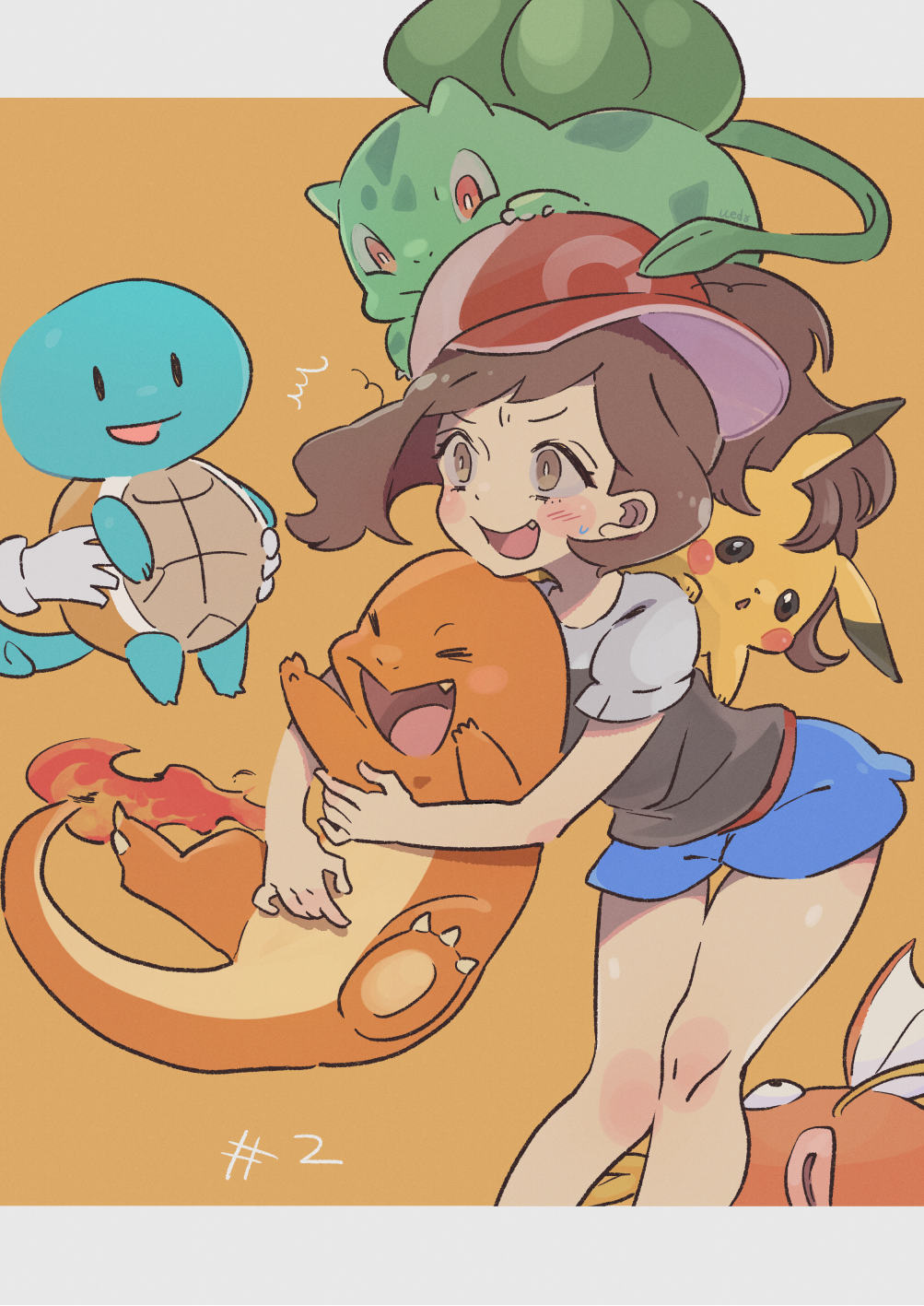 /\/\/\ 1girl artist_name ayumi_(pokemon) bangs baseball_cap black_blouse blouse blue_shorts blush_stickers brown_eyes brown_hair bulbasaur charmander commentary creatures_(company) fang fire game_freak gen_1_pokemon hat highres holding holding_pokemon leaning_forward legs letterboxed long_hair magikarp nintendo open_mouth orange_background out_of_frame pikachu pokemon pokemon_(creature) pokemon_(game) pokemon_lgpe ponytail red_hat short_shorts shorts smile squirtle standing sweatdrop ueda_kou white_pupils