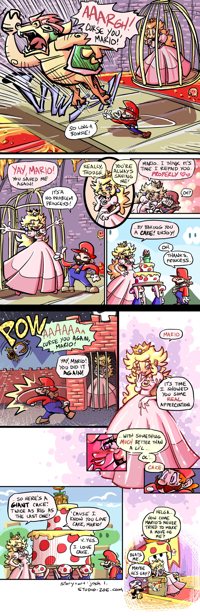 1girl ?_block bowser cage cake castle comic crown english fire_flower food highres josh_lesnick mario mario_(series) molten_rock pastry piranha_plant princess_peach super_mario_bros. super_mushroom throne toad you're_doing_it_wrong
