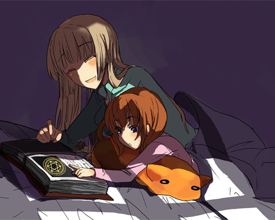 bed book hime_cut long_hair lying mother_and_daughter multiple_girls on_stomach reading sakutarou sora_(efr) umineko_no_naku_koro_ni ushiromiya_maria ushiromiya_rosa