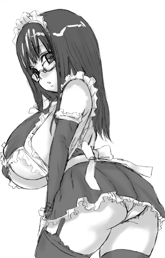 asanagi breasts copyright_request glasses greyscale huge_breasts maid monochrome panties solo underwear