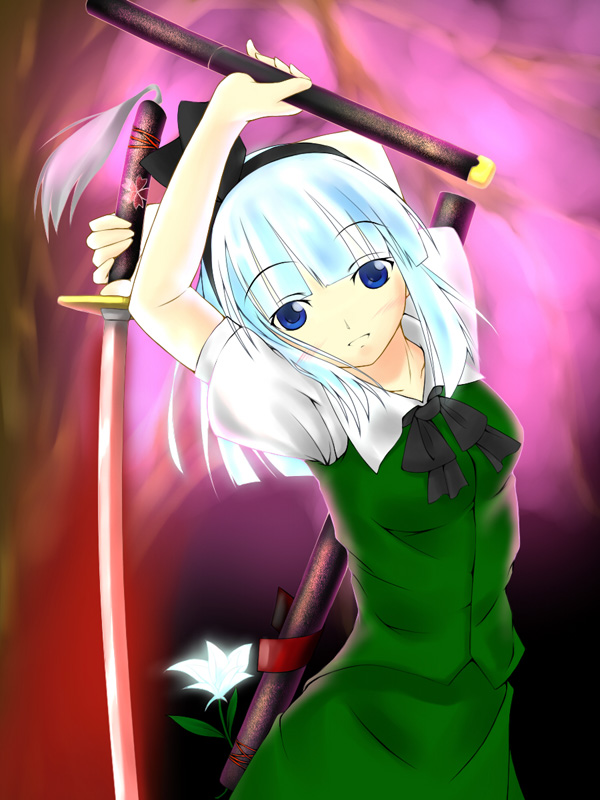 blue_eyes blue_hair katana konpaku_youmu kurobane_(nagarutuki) ribbon short_hair solo sword touhou weapon