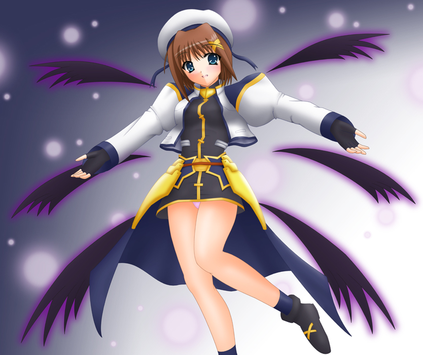 blue_eyes brown_hair fingerless_gloves gloves hair_ornament hat lyrical_nanoha magical_girl mahou_shoujo_lyrical_nanoha_strikers panties pantyshot pantyshot_(standing) solo standing underwear waist_cape wings x_hair_ornament yagami_hayate yamaguchi_ugou