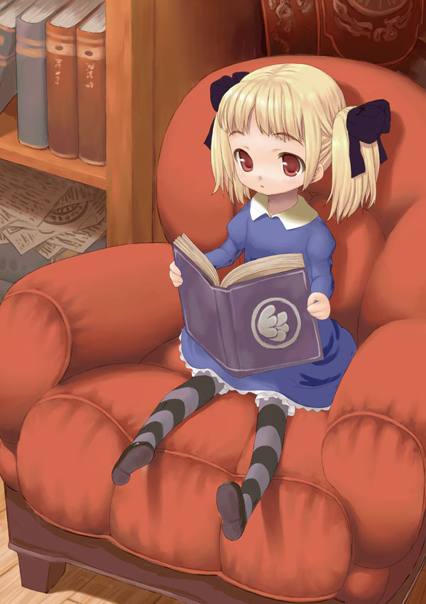 alice_(odin_sphere) blonde_hair blue_dress book book_focus bookshelf child dress figo full_body hair_ribbon holding holding_book indoors long_sleeves odin_sphere open_book pantyhose reading red_eyes ribbon shelf sitting solo striped twintails