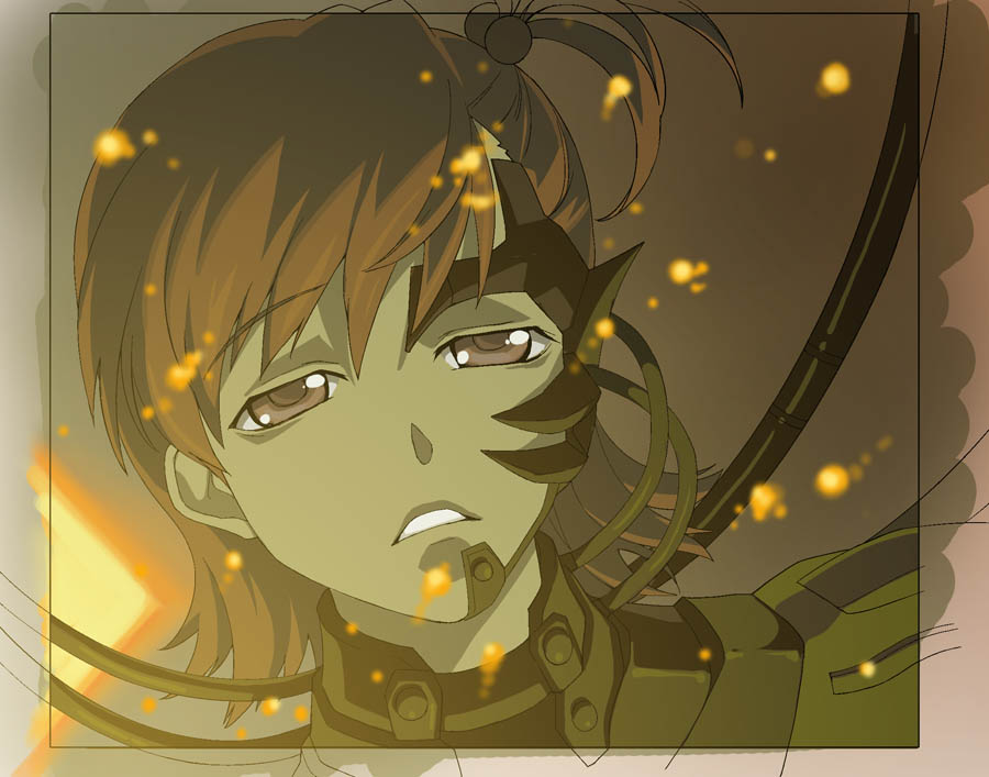 a1 blush border brown_hair close-up code_geass embers expressionless face futami_mami idolmaster idolmaster_(classic) idolmaster_1 looking_at_viewer parody solo upper_body wire