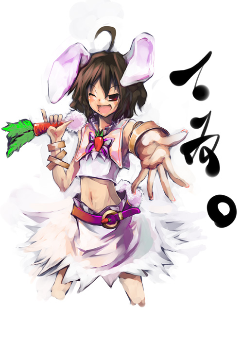 ahoge alternate_costume animal_ears bunny_ears carrot character_name cropped_legs inaba_tewi midriff navel one_eye_closed open_mouth shimadoriru solo touhou