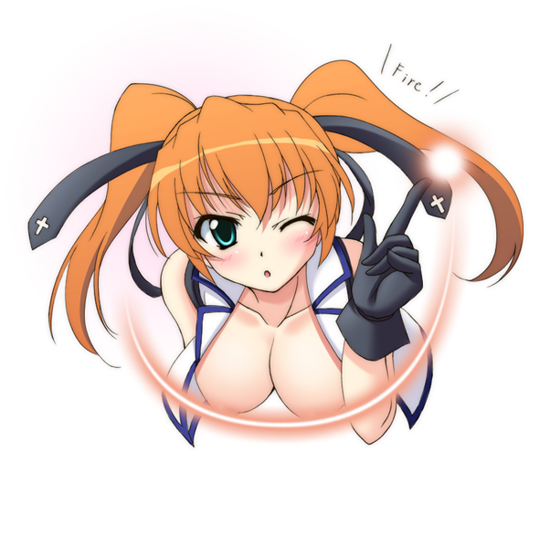 aqua_eyes artist_request blush breasts censored convenient_censoring gloves large_breasts lyrical_nanoha mahou_shoujo_lyrical_nanoha_strikers one_eye_closed open_clothes orange_hair solo teana_lanster twintails