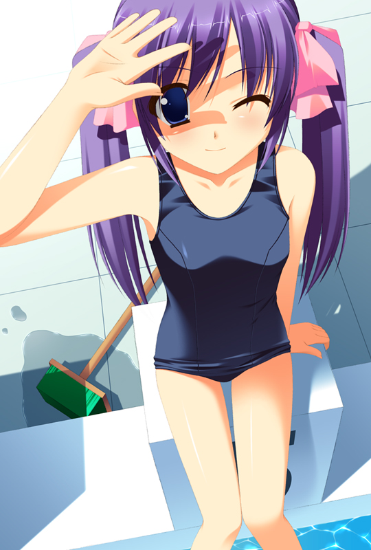 blue_eyes broom day from_above gaou long_hair one-piece_swimsuit one_eye_closed original pool poolside purple_hair school_swimsuit shading_eyes sitting solo starting_block swimsuit twintails