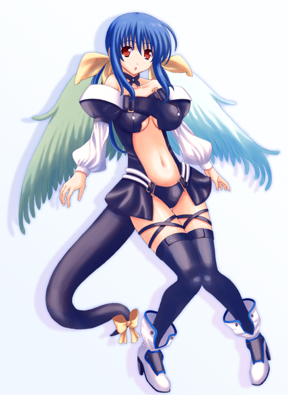 asymmetrical_wings bare_shoulders blue_hair dizzy guilty_gear jounoji red_eyes ribbon solo tail tail_ribbon thighhighs wings