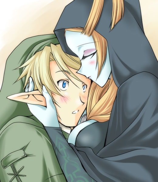1girl blue_skin blush breast_press breasts cleavage cloak closed_eyes forehead_kiss height_difference hood hug kiss large_breasts link microspace midna midna_(true) orange_hair pointy_ears spoilers the_legend_of_zelda the_legend_of_zelda:_twilight_princess