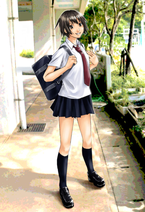 bag brown_hair legs necktie original road sakebuotoko school_uniform serafuku shoes short_hair skirt smile solo