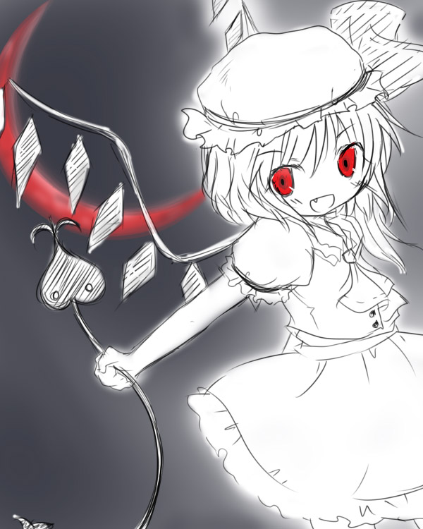 crescent_moon fang flandre_scarlet grey_background hat laevatein monochrome moon red_eyes red_moon ribbon short_hair solo spot_color suzu_(yumesora) touhou wings