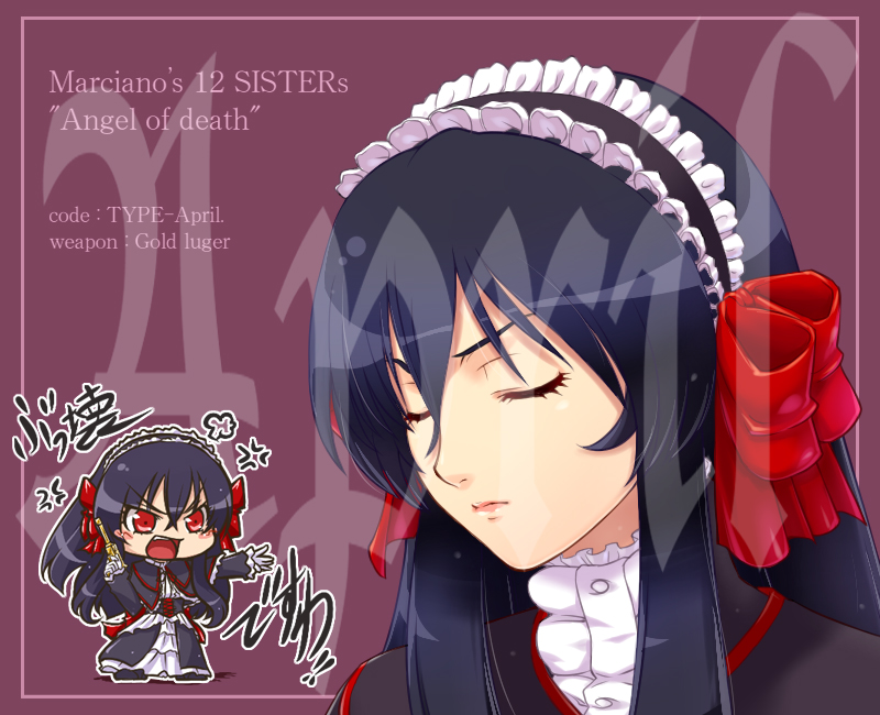 anger_vein angry april_(coyote_ragtime_show) black_hair bow chibi closed_eyes coyote_ragtime_show gothic_lolita gun hairu handgun headdress lolita_fashion long_hair luger_p08 multiple_views open_mouth pistol portrait red_eyes weapon