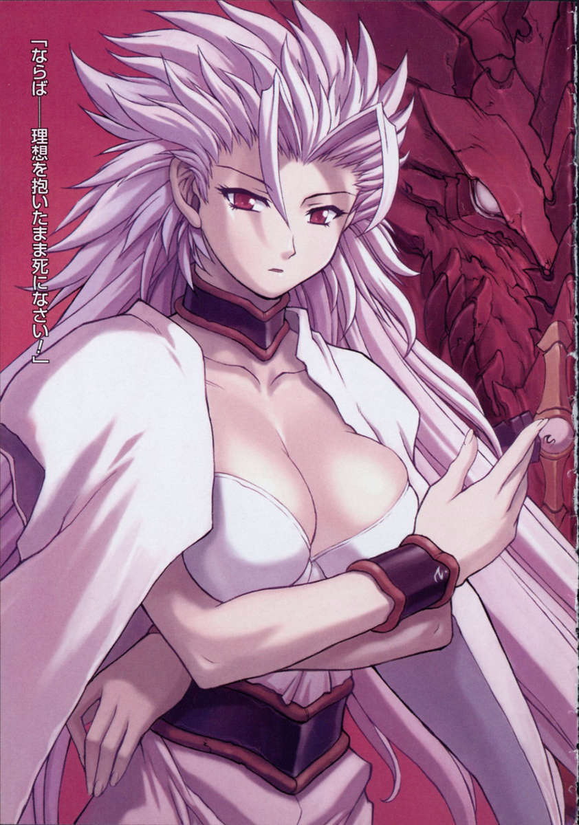 breasts choker cleavage highres large_breasts mogudan non-web_source red_eyes scrapped_princess solo steyr white_hair wristband