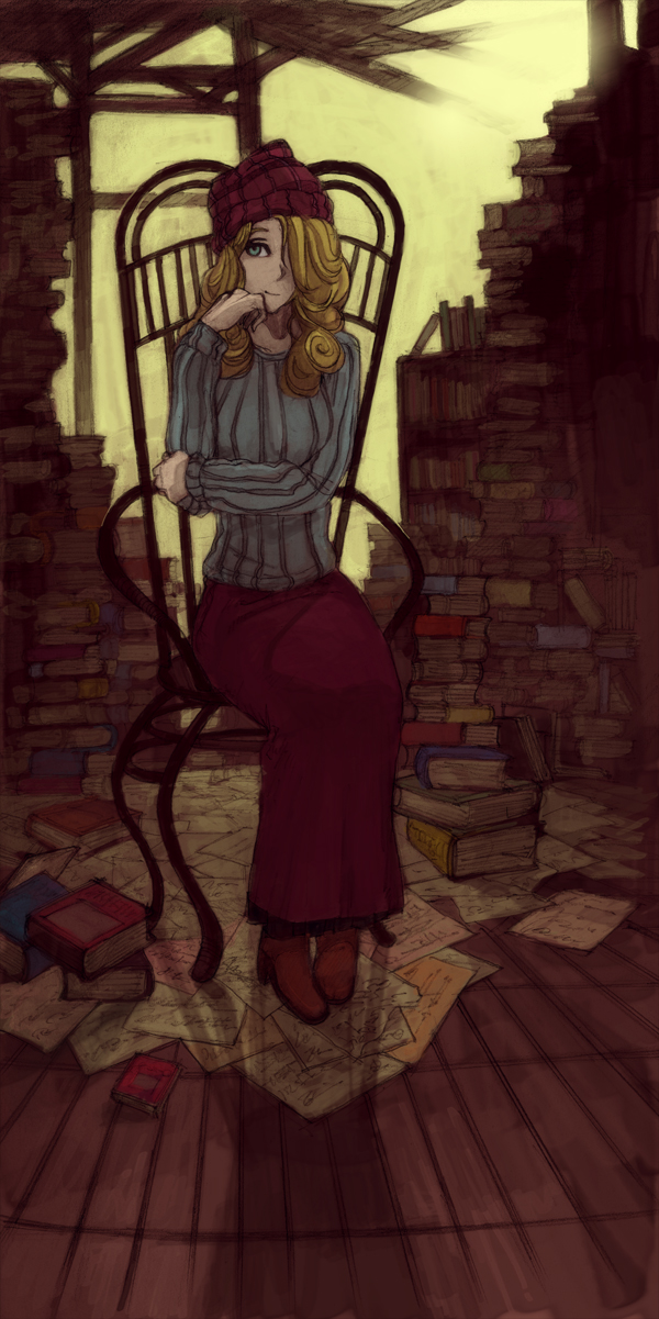 beanie blonde_hair book book_stack boots building chair chin_rest copyright_request green_eyes hair_over_one_eye hat highres lack light long_skirt paper ruins skirt smile solo sweater wall