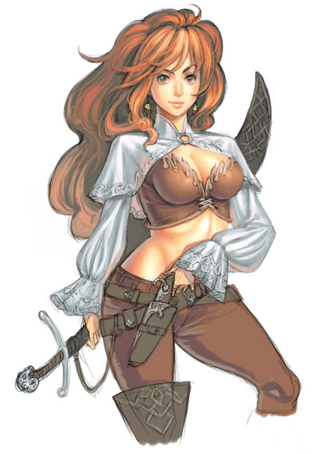 antique_firearm belt breasts cleavage crossdraw_holster earrings firearm gun handgun holster jewelry large_breasts long_hair midriff murakami_hisashi original pirate pistol red_eyes red_hair solo sword weapon