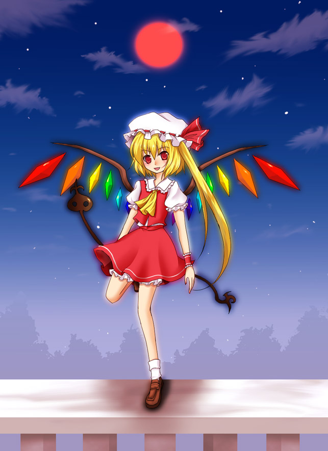 blonde_hair flandre_scarlet hat laevatein miyoshi moon night one_side_up red_eyes red_moon solo touhou wings