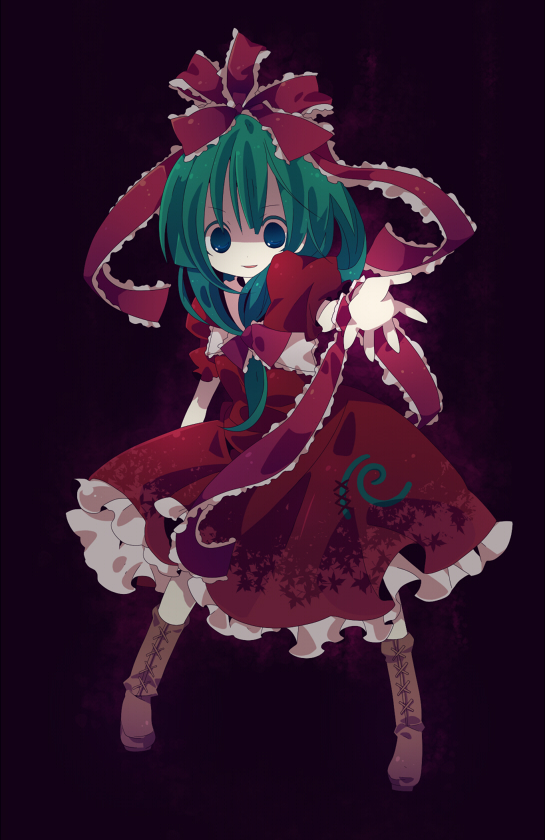 ana_(rznuscrf) beckoning blue_eyes boots bow cross-laced_footwear front_ponytail full_body green_hair hair_bow hair_ribbon kagiyama_hina lace-up_boots legs_apart outstretched_arm outstretched_hand ribbon shaded_face simple_background solo standing touhou
