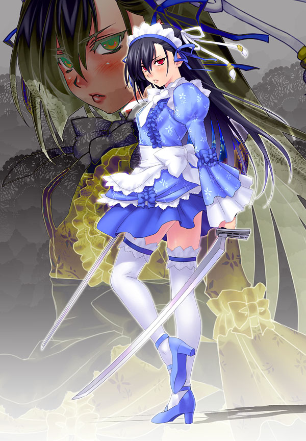 1girl black_hair dual_wielding garters holding kengou long_hair red_eyes sword thighhighs weapon white_legwear zettai_ryouiki