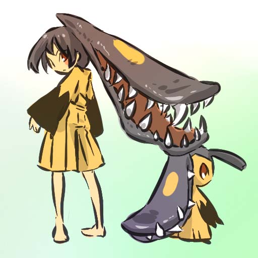 barefoot black_hair blush_stickers brown_eyes costume extra_mouth fangs gen_3_pokemon hitec looking_back mawile moemon personification pokemon pokemon_(creature) prehensile_hair red_eyes simple_background standing