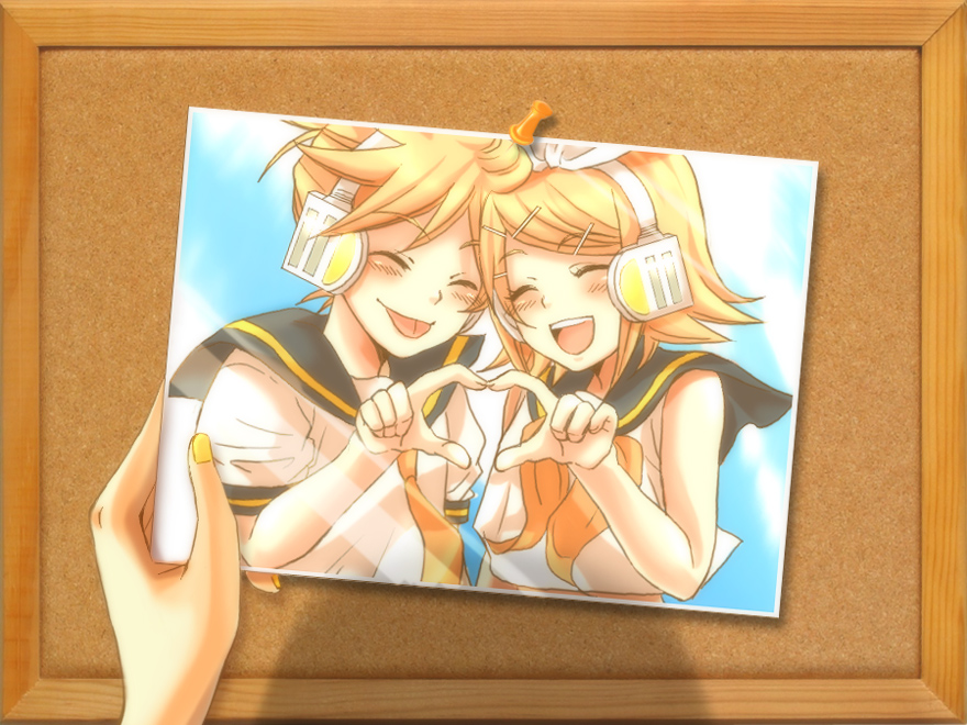 1girl :p bad_id bad_pixiv_id blonde_hair blush brother_and_sister closed_eyes ebimayo hair_ornament hairclip happy heart heart_hands heart_hands_duo kagamine_len kagamine_rin photo_(object) short_hair siblings smile tongue tongue_out twins vocaloid