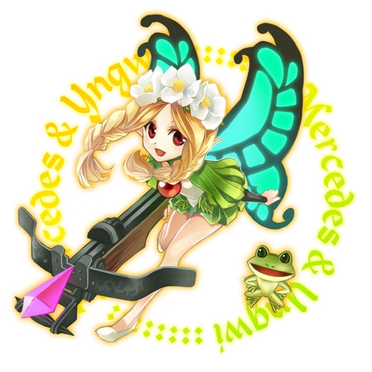 bad_id bad_pixiv_id bow_(weapon) braid butterfly_wings crossbow fairy flower frog mercedes odin_sphere red_eyes shinomna solo twin_braids weapon wings