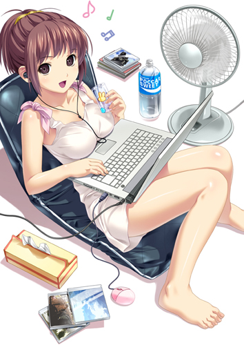 :d ahoge bangs barefoot beamed_sixteenth_notes blush body_blush bottle bow brand_name_imitation breast_rest breasts brown_eyes brown_hair cable cd_case chair computer dress earbuds earphones eighth_note electric_fan feet from_side holding knees_together_feet_apart koutaro laptop looking_at_viewer lowres medium_breasts mouse_(computer) musical_note open_mouth original pocari_sweat ponytail reclining scrunchie shadow short_dress short_hair sitting skirt sleeveless smile solo tissue tissue_box toenails toes water_bottle white_background white_skirt
