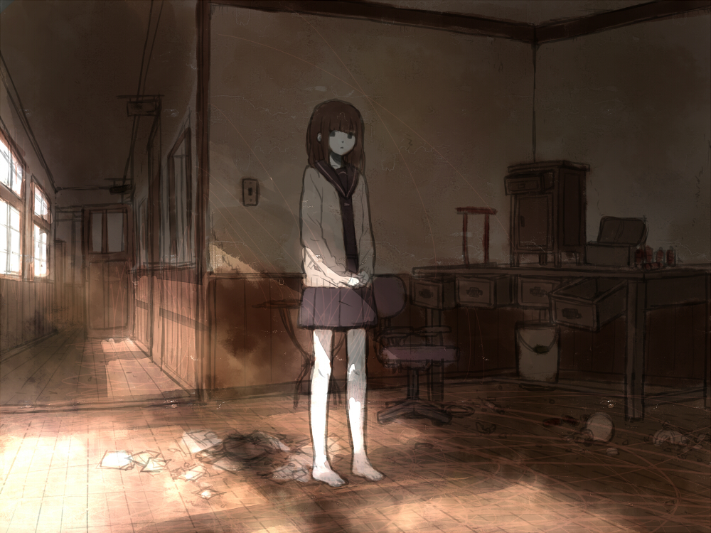 akka barefoot broken brown_hair bucket cardigan chair desk door drawer flat_chest indoors light_bulb office_chair original school_uniform sepia serafuku skirt solo standing sunlight table trash window