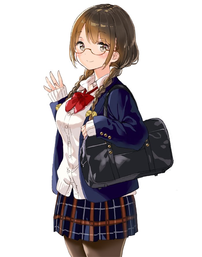 1girl bag bangs blazer blue_jacket blue_skirt blush bow bowtie braid breasts brown-framed_eyewear brown_eyes brown_hair brown_legwear buttons closed_mouth collared_shirt cowboy_shot duffel_bag eyebrows_visible_through_hair glasses hair_bow hair_over_shoulder hanae_haruka hand_up jacket long_sleeves looking_at_viewer low_twintails medium_breasts miniskirt open_clothes open_jacket original pantyhose plaid plaid_skirt red_neckwear school_bag school_uniform semi-rimless_eyewear shirt sidelocks simple_background skirt sleeves_past_wrists smile solo standing twin_braids twintails white_background white_cardigan white_shirt wing_collar yellow_bow