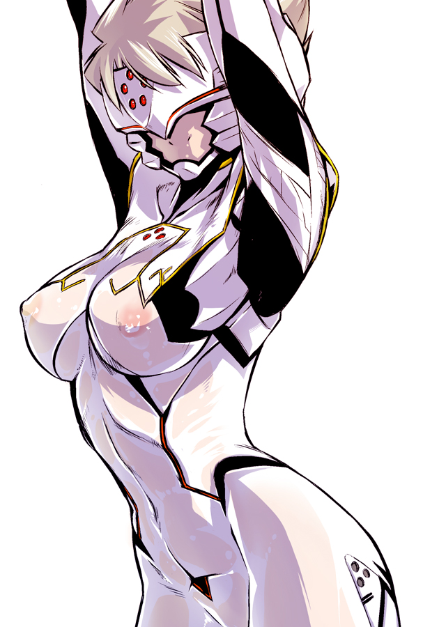arms_up bodysuit breasts covered_navel covered_nipples cowboy_shot ez6 from_side groin head_mounted_display large_breasts light_smile nipples original see-through short_hair simple_background skin_tight smile solo white_background white_hair