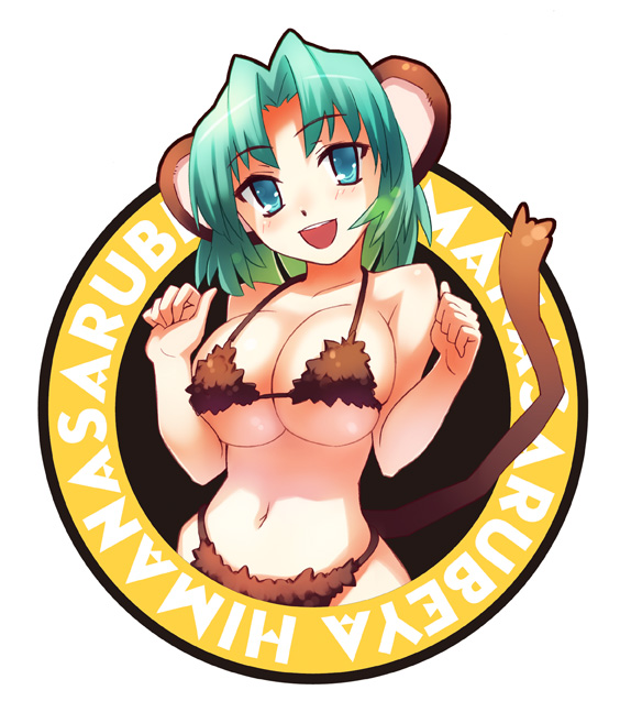 animal_ears blue_eyes breasts cleavage copyright_request green_hair large_breasts monkey_girl oryou solo tail