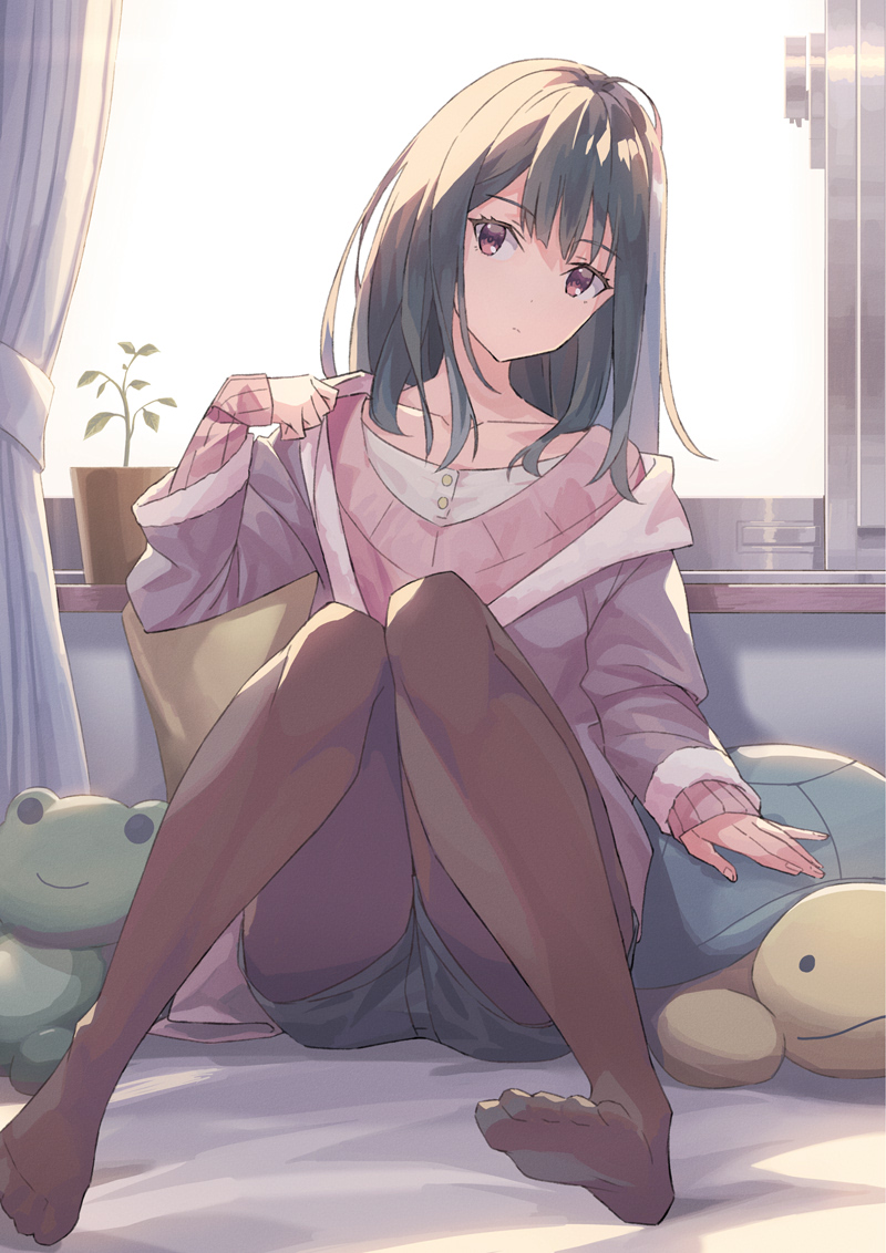 1girl bangs black_hair closed_mouth collarbone curtains eyebrows_visible_through_hair head_tilt indoors k-me long_hair long_sleeves looking_at_viewer original plant potted_plant red_eyes sleeves_past_wrists solo stuffed_turtle window