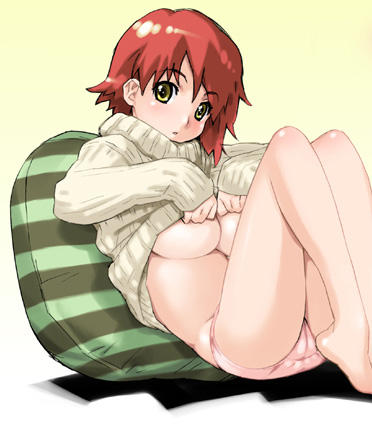 blush breasts copyright_request happoubi_jin large_breasts lowres panties pillow red_hair solo sweater underboob underwear undressing yellow_eyes
