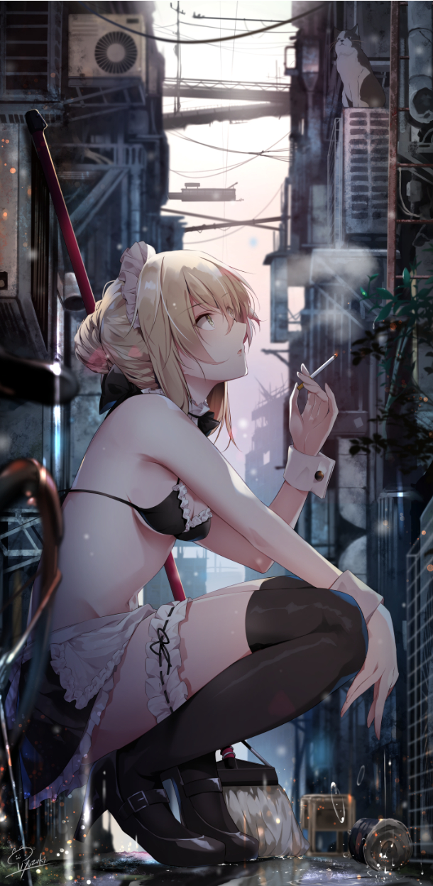 1girl ahoge air_conditioner apron artoria_pendragon_(all) artoria_pendragon_(swimsuit_rider_alter) bangs bare_arms bare_shoulders black_footwear black_legwear black_ribbon blurry_foreground breasts can cat city cloud cloudy_sky commentary_request day detached_collar eyebrows_visible_through_hair fate/grand_order fate_(series) from_side groin hair_ribbon hair_up high_heels highres hirai_yuzuki ladder leg_garter long_hair looking_up maid_apron maid_bikini maid_headdress medium_breasts mop navel open_mouth outdoors petticoat power_lines revision ribbon sidelocks signature skindentation sky smoke smoking solo squatting thighhighs waist_apron wrist_cuffs yellow_eyes