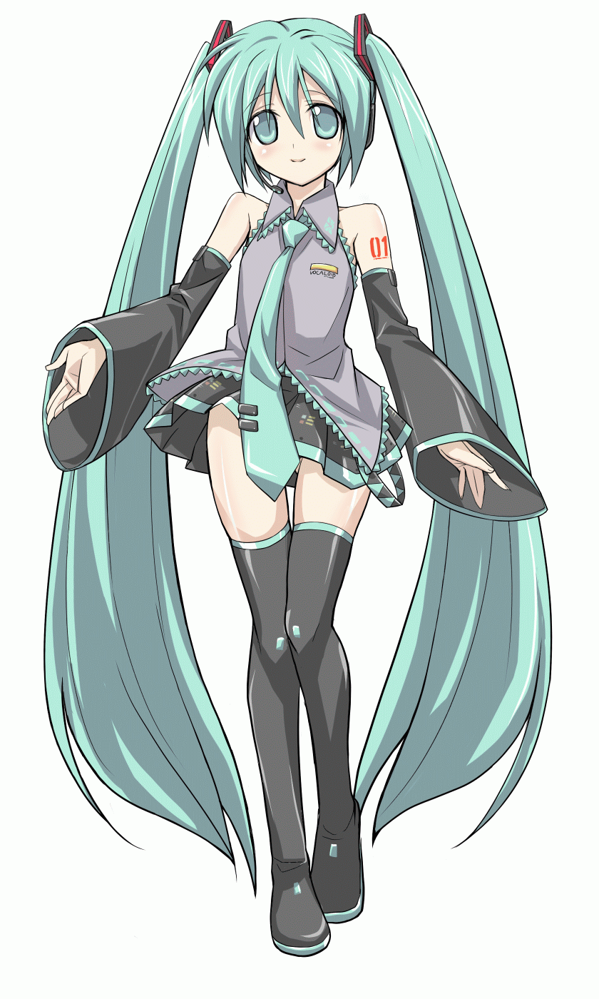 animated animated_gif aqua_eyes aqua_hair blinking boots detached_sleeves eeeeee hatsune_miku highres long_hair music necktie singing solo thigh_boots thighhighs twintails vocaloid