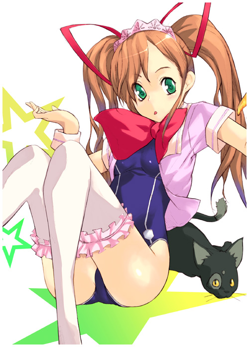 brown_hair cat code_geass green_eyes long_hair nabeshiki_(rakuneko_yashiki) no_pants one-piece_swimsuit school_swimsuit shirley_fenette solo swimsuit swimsuit_under_clothes thighhighs twintails