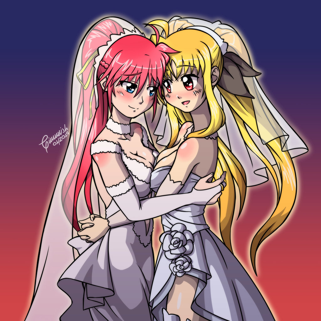 2girls blonde_hair blue_background blue_eyes blush breasts bridal_veil bride cleavage collarbone eyes_closed fate_testarossa flower hair_ornament hair_ribbon hug jewelry large_breasts looking_at_another lyrical_nanoha mahou_shoujo_lyrical_nanoha_strikers multiple_girls open_mouth pink_hair ponytail red_background red_eyes ribbon ring signum simple_background smile twintails two-tone_background veil wedding wife_and_wife yuri
